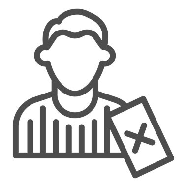 Yargıç ve ceza geçirmez çizgi ikonu. Kırmızı kart sembollü futbol ya da futbol hakemi, beyaz arka planda ana hatlı resim. Mobil konsept veya web tasarımı için spor tabelası. Vektör grafikleri