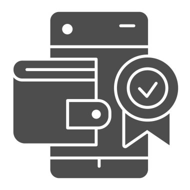 Dijital mobil cüzdan katı simgesi. Akıllı telefon ve ödül sembolü üzerine çanta, beyaz arka planda glifli resim. Mobil konsept ve web tasarımı için iş ya da para işareti. Vektör grafikleri