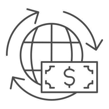 Küresel değişim ince çizgi simgesi. Dolar banknotu ve ok sembollü dünya, beyaz arka planda ana hatlı resim. Mobil konsept ve web tasarımı için para transferi işareti. Vektör grafikleri