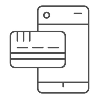Kredi kartı telefon hattı ikonunda. Mobil ödeme operasyonu, ödeme sembolü, beyaz arka planda ana hatlı resim çizimi. Mobil konsept ve web tasarımı için para transferi işareti. Vektör grafikleri