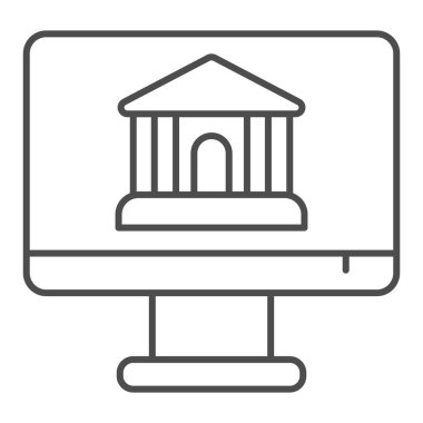 Banka hesabı ekranda ince çizgi simgesinde. Bina, bankacılık sembolü, beyaz arkaplanda ana hatlı resim çizgisi olan monitör. Mobil konsept ve web tasarımı için para transferi işareti. Vektör grafikleri