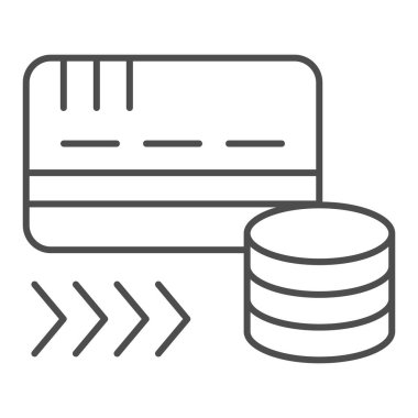 Kredi kartı, ince çizgi simgesini şarj ediyor. Depozito senetleri, tasarruf çekilişi sembolü, beyaz arka planda ana hatlı resim. Mobil konsept ve web tasarımı için para transferi işareti. Vektör grafikleri