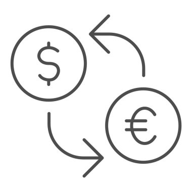 Para değişimi ince çizgi simgesi. Oklu sikkeler, dönüşüm sembolü, beyaz zemin üzerinde taslak biçiminde piktogram. Mobil konsept ve web tasarımı için para transferi işareti. Vektör grafikleri