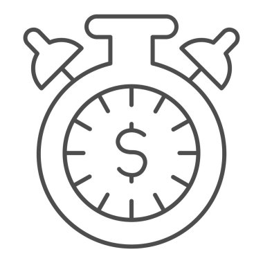 Dolar ince çizgi ikonlu çalar saat. Zaman paradır, para geri sayım saati sembolü, beyaz arka planda ana hatlı resim. Mobil konsept ve web tasarımı için iş tabelası. Vektör grafikleri