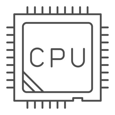 İşlemci ince çizgi simgesi. Çip ya da mikroçip, merkezi işlem birimi sembolü, beyaz arkaplanda ana hatlı resim. Mobil konsept ve web tasarımı kriterleri. Vektör grafikleri