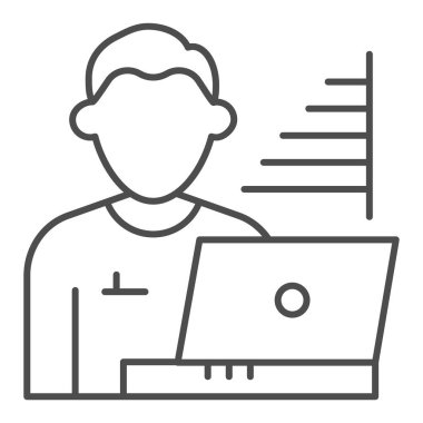 Teknisyen blogger ince çizgi simgesi. İstatistik çizelgesi ve dizüstü sembolü olan kullanıcı, beyaz arkaplanda ana hatlı resim çizimi. Mobil konsept ve web tasarımı kriterleri. Vektör grafikleri