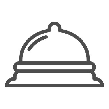 Tabak çizgisi ikonunda kahvaltı. Tabakta yemek tepsisi, servis sembolü, beyaz arka planda ana hatlı resim. Mobil konsept ve web tasarımı için otel işletme tabelası. Vektör grafikleri