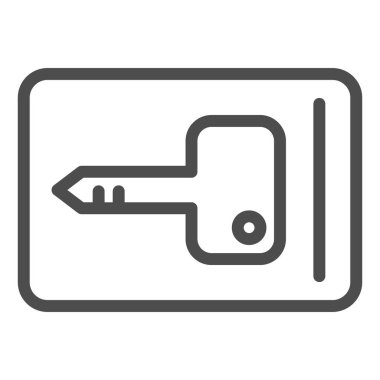 Anahtar kart simgesi. Kapı açma sembolü için plastik manyetik erişim ögesi, beyaz arkaplanda ana hatlı resim. Mobil konsept ve web tasarımı için otel tabelası. Vektör grafikleri