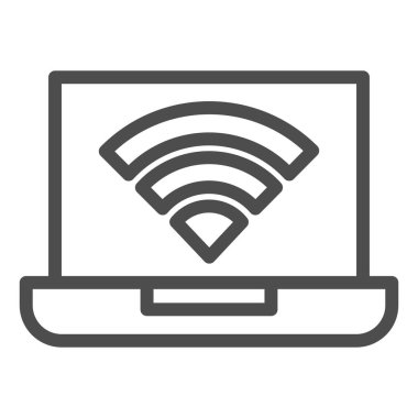 Sinyal çizgisi simgesi olan dizüstü bilgisayar. Kablosuz bağlantı, erişim sembollü aygıt, beyaz arkaplanda ana hatlı resim. Mobil konsept ve web tasarımı için bilgisayar imzası. Vektör grafikleri