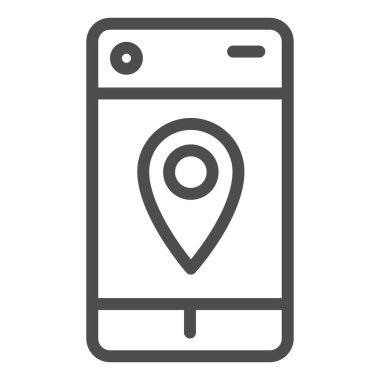 Akıllı telefon haritası iğne çizgisi simgesi. Cep telefonu sembolündeki coğrafi konum işaretçisi, beyaz arkaplanda ana hatlı resim çizimi. Mobil konsept ve web tasarımı için iletişim işareti. Vektör grafikleri