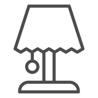 Komodinin yanındaki lamba hattı ikonu. Oturma odası ya da yatak odası sembolü için aydınlatma armatürü, beyaz arka planda ana hatlı resim. Mobil konsept ve web tasarımı için ev tabelası. Vektör grafikleri