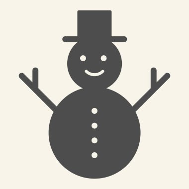 Katı kardan adam simgesi. Beyaz arka planda şapka ve eşarp kabartmalı mutlu kış kardan adam. Gezici konsept ve web tasarımı için Kar Yeni Yıl figürü. Vektör grafikleri