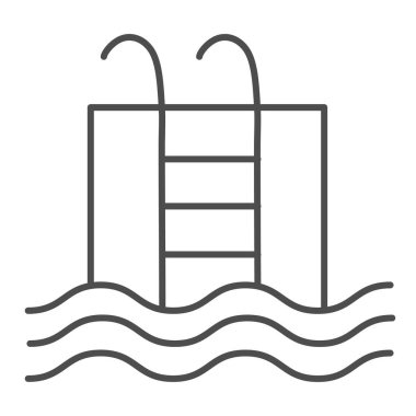 Havuz ince çizgi simgesi. Beyaza izole edilmiş merdiven çizimi olan su dolu bir leğen. Yüzme havuzu tasarımı, web ve uygulama için tasarlanmış. Eps 10.