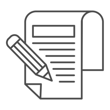 Sözleşme imzası ince çizgi simgesi. Kurallı ve kalem sembollü anlaşma belgesi, beyaz arka planda ana hatlı resim çizimi. Mobil konsept ve web tasarımı için iş tabelası. Vektör grafikleri.