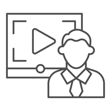 Video kursları adam ince çizgi ikonu. Çevrimiçi webinar öğretim görevlisi ve çalma düğmesi sembolü, beyaz arkaplanda ana hatlı resim çizimi. Mobil konsept ve web tasarımı için eğitim işareti. Vektör grafikleri.