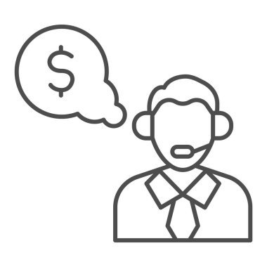 Operatör ince çizgi simgesi. Ampul sembollü dolar sikke ile banka destek danışmanı, beyaz arka planda ana hatlı resim. Mobil konsept ve web tasarımı için iş tabelası. Vektör grafikleri.