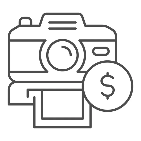 Selling photos on stock thin line icon. Photocamera and dollar coin symbol, outline style pictogram on white background. Passive income sign for mobile concept and web design. Vector graphics. — Stock Vector