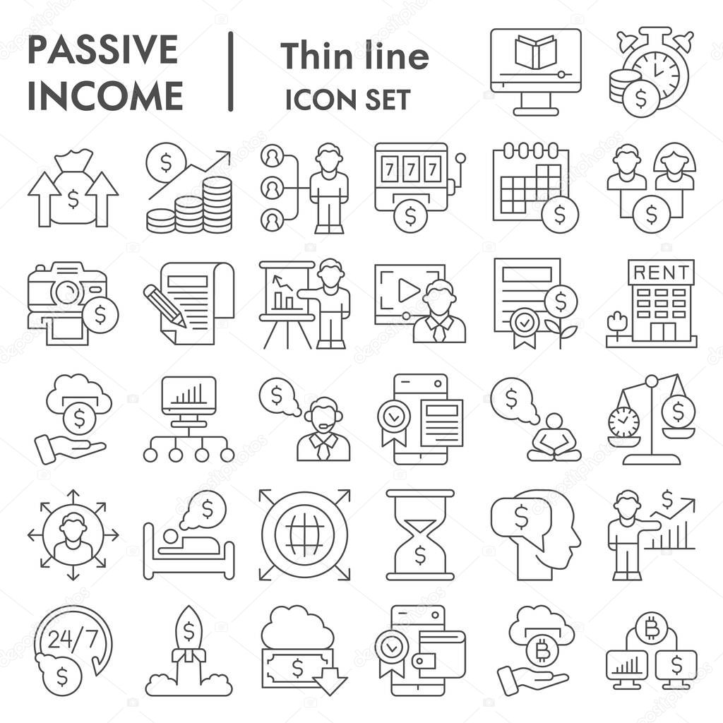 Passive income business thin line icon set. Financial signs collection, sketches, logo illustrations, web symbols, outline style pictograms package isolated on white background. Vector graphics.