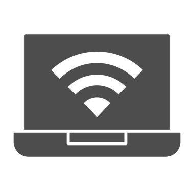 Sinyal simgesi olan bir dizüstü bilgisayar. Kablosuz bağlantı, erişim sembollü aygıt, beyaz arkaplanda kablosuz resim. Mobil konsept ve web tasarımı için bilgisayar imzası. Vektör grafikleri.