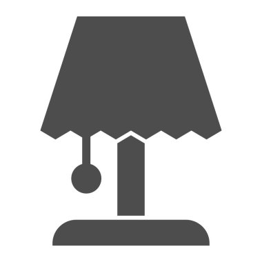 Komodinin yanındaki lamba katı bir ikon. Oturma odası ya da yatak odası sembolü için aydınlatma armatürü, beyaz arka planda kabartma şekilli resim. Mobil konsept ve web tasarımı için ev tabelası. Vektör grafikleri.