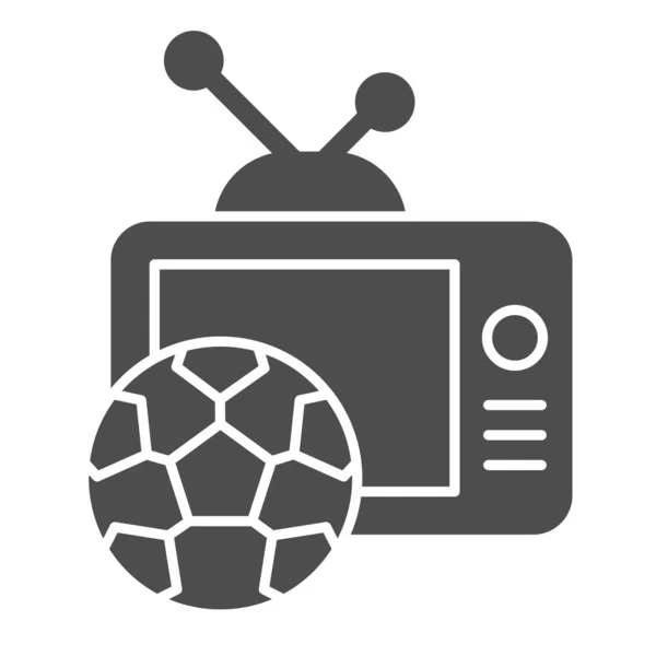 Partido en vivo difusión icono sólido. Monitor de televisión con símbolo de pelota de fútbol o fútbol, pictograma estilo glifo sobre fondo blanco. Señal deportiva para concepto móvil y diseño web. Gráficos vectoriales . — Vector de stock