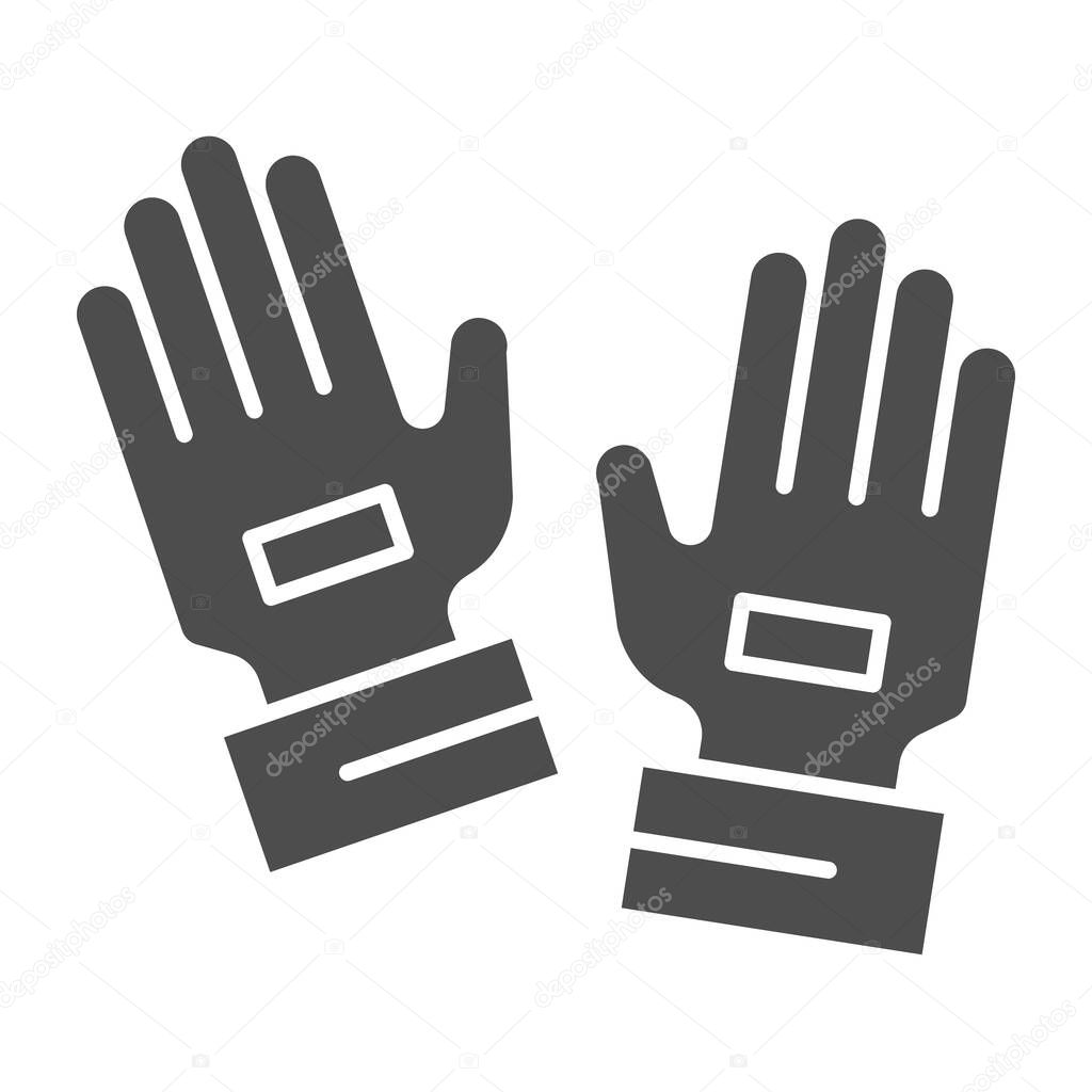 Goalkeeper gloves solid icon. Goal keeper gauntlets, soccer protection symbol, glyph style pictogram on white background. Football sign for mobile concept and web design. Vector graphics.