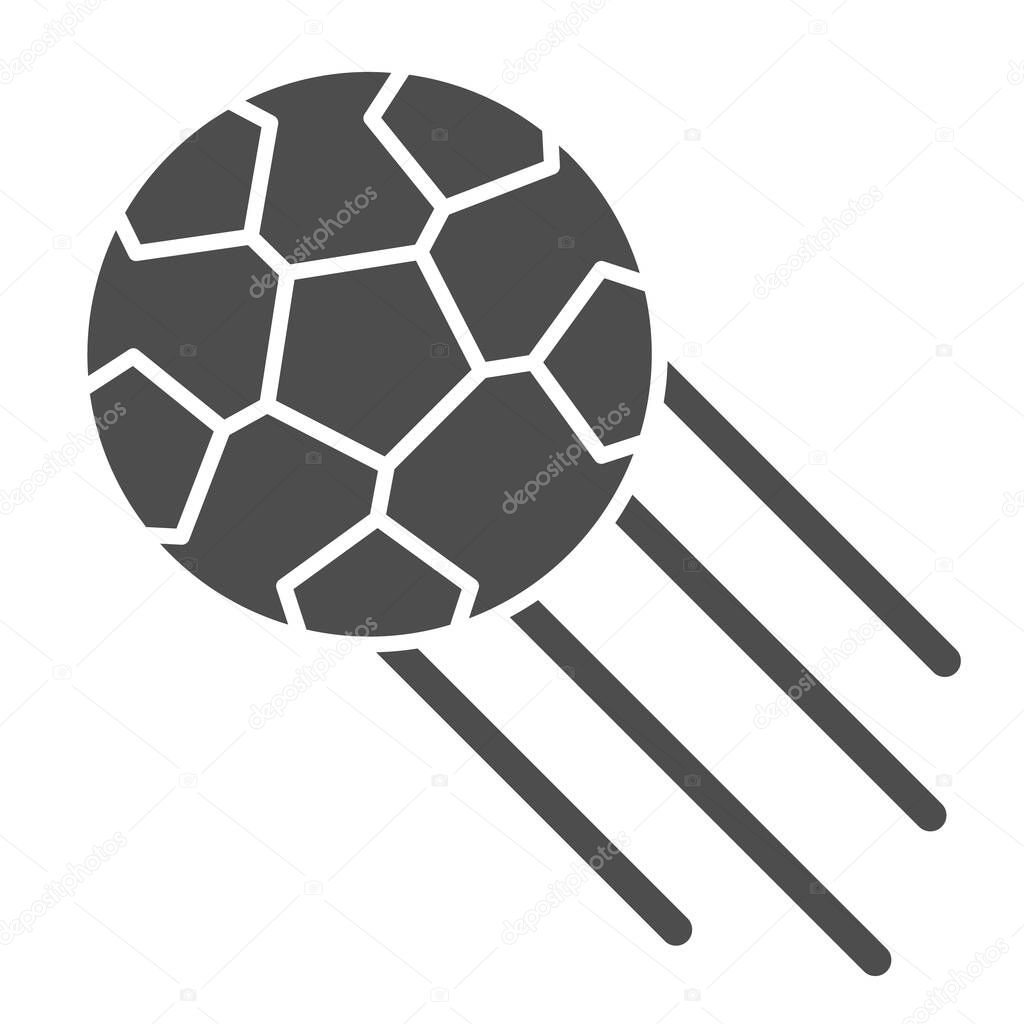 Soccer ball solid icon. Kicked football soccer-ball, flying on speed in air symbol, glyph style pictogram on white background. Sport sign for mobile concept and web design. Vector graphics.