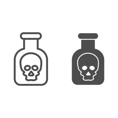 Zehir hattı ve sağlam bir ikon. Şişede tehlike işareti, asit şişesi sembolü, beyaz arka planda ana hatlı resim. Mobil konsept ve web tasarımı için kimya veya askeri işaret. Vektör grafikleri.