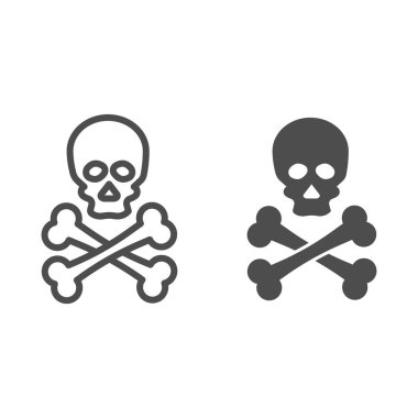 Jolly Roger çizgisi ve sağlam bir ikon. Ölüm uyarısı, kafatası ve çapraz kemik sembolü, beyaz arka planda ana hatlı resim. Mobil konsept ve web tasarımı için savaş ya da tehlike işareti. Vektör grafikleri.