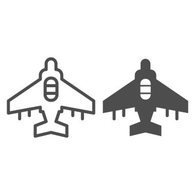 Savaş uçağı hattı ve sağlam bir ikon. Askeri uçak, keşif insansız hava aracı sembolü, beyaz arka planda ana hatlı resim. Mobil konsept ve web tasarımı için savaş işareti. Vektör grafikleri.