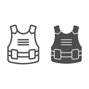 Vücut zırhı ve sağlam bir ikon. Kurşun geçirmez, ordu ceketi korumalı kurşun sembolü, beyaz arka planda ana hatlı resim. Mobil konsept ya da web tasarımı için askeri işaret. Vektör grafikleri.