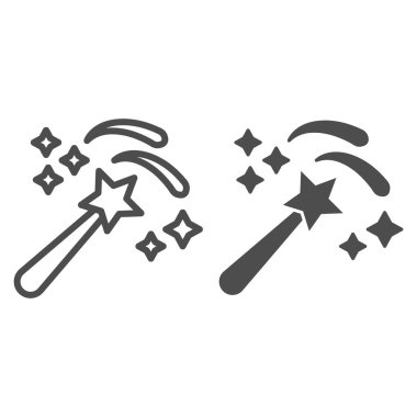 Sihirli değnek ve sağlam ikon. Yıldızlı ve parıltılı peri sopası. Festive Event and Show vektör tasarımı konsepti, beyaz arka planda ana hatlı resim çizimi, web ve uygulama için kullan. Eps 10.