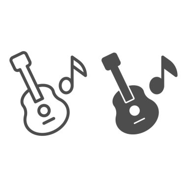 Gitar hattı ve sağlam bir ikon. Notalı bir müzik aleti. Doğum günü ve yıldönümü eğlence vektörü tasarımı konsepti, beyaz arka planda ana hatlı resim çizimi, web ve uygulama için kullanım. Eps 10.