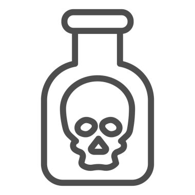 Zehir çizgisi ikonu. Şişede tehlike işareti, asit şişesi sembolü, beyaz arka planda ana hatlı resim. Mobil konsept ve web tasarımı için kimya veya askeri işaret. Vektör grafikleri.
