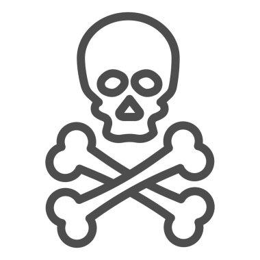 Jolly Roger çizgi ikonu. Ölüm uyarısı, kafatası ve çapraz kemik sembolü, beyaz arka planda ana hatlı resim. Mobil konsept ve web tasarımı için savaş ya da tehlike işareti. Vektör grafikleri.