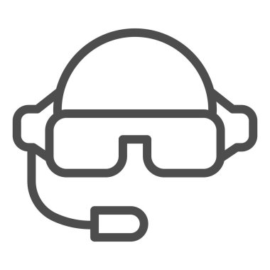 Pilot miğferi çizgisi simgesi. Gözlüklü ve mikrofon sembollü havacı jet maskesi, beyaz arka planda taslak tarzı resim. Mobil konsept ve web tasarımı için savaş işareti. Vektör grafikleri.