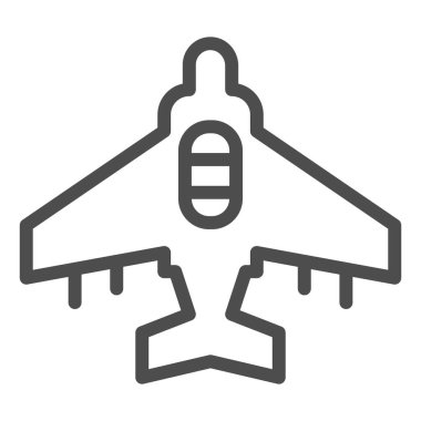 Savaş uçağı çizgisi ikonu. Askeri uçak, keşif insansız hava aracı sembolü, beyaz arka planda ana hatlı resim. Mobil konsept ve web tasarımı için savaş işareti. Vektör grafikleri.