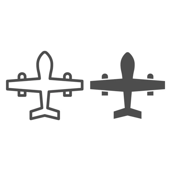 Askeri insansız hava aracı hattı ve sağlam bir ikon. Savaş uçağı, avcı uçağı keşif uçağı sembolü, beyaz arka planda ana hatlı resim. Mobil konsept ve web tasarımı için savaş işareti. Vektör grafikleri. — Stok Vektör