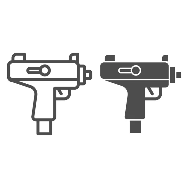 Uzi submachine gun line 과 solid icon. 자동 기관총 심볼, 윤곽을 흰색 배경으로 한 양식 픽 토 그램. 전쟁 또는 모바일 컨셉 과 웹 디자인을 위한 군사 표지판. 벡터 그래픽. — 스톡 벡터