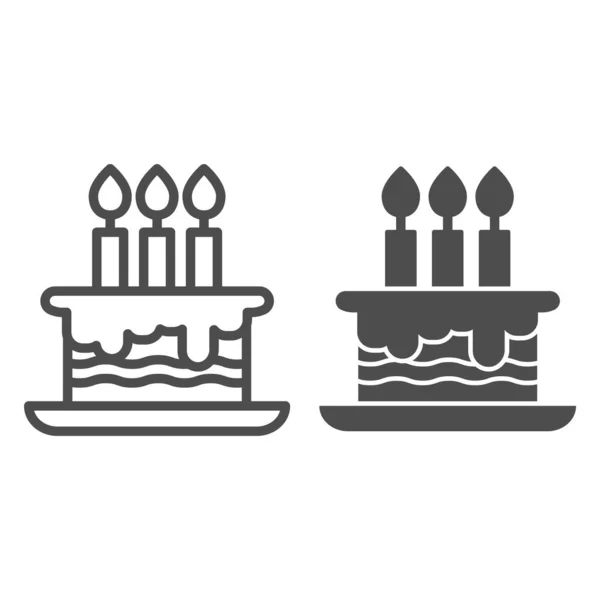 Födelsedagstårta linje och fast ikon. Söt läcker bröllopsefterrätt med ljus. Fira vektor design koncept, skissera stil piktogram på vit bakgrund, använda för webb och app. Eps 10. — Stock vektor
