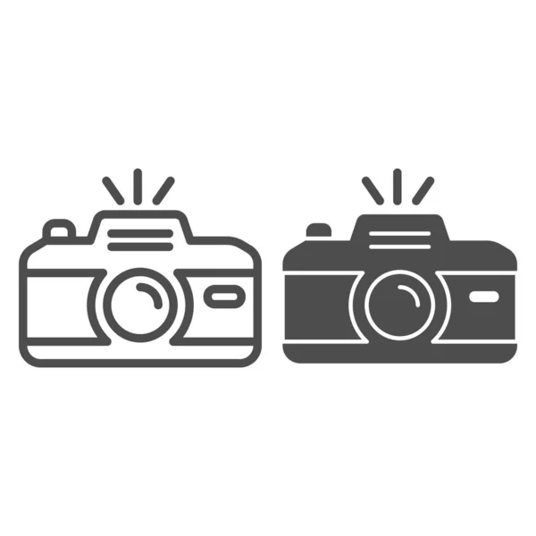 Camera line and solid icon. Professional photocamera with flash. Festive Event and Show vector design concept, outline style pictogram on white background, use for web and app. Eps 10. — Stock Vector