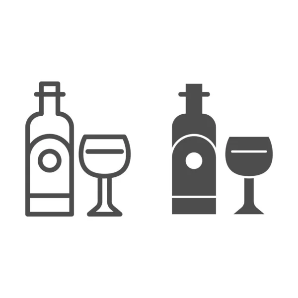 Fles en wijnglas lijn en solide pictogram. Volle alcohol drinken glas en champagne. Vakantie viering vector ontwerp concept, outline stijl pictogram op witte achtergrond, gebruik voor web en app. Eps 10. — Stockvector
