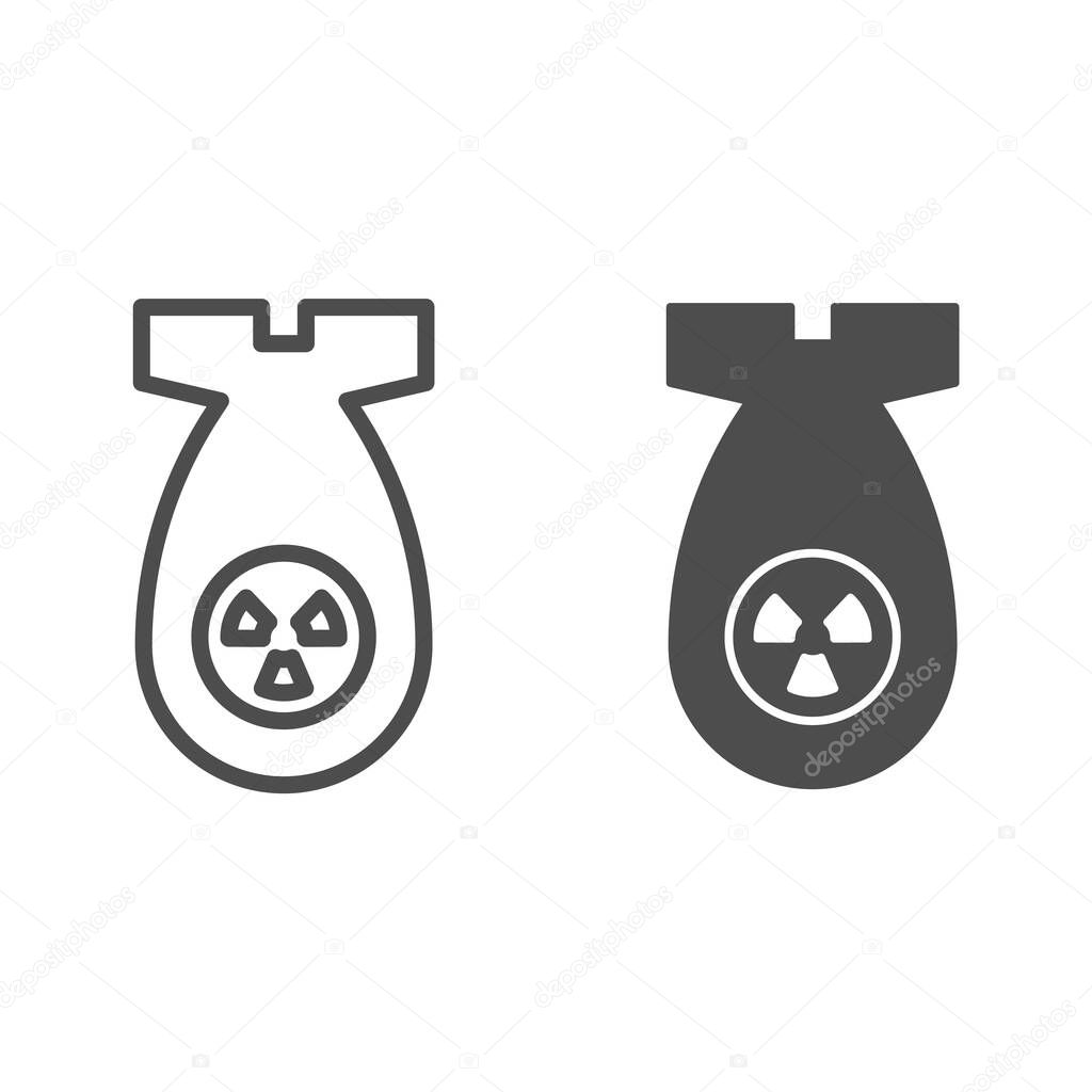Atomic bomb line and solid icon. Nuclear ammunition, air rocket symbol, outline style pictogram on white background. Warfare or military sign for mobile concept and web design. Vector graphics.
