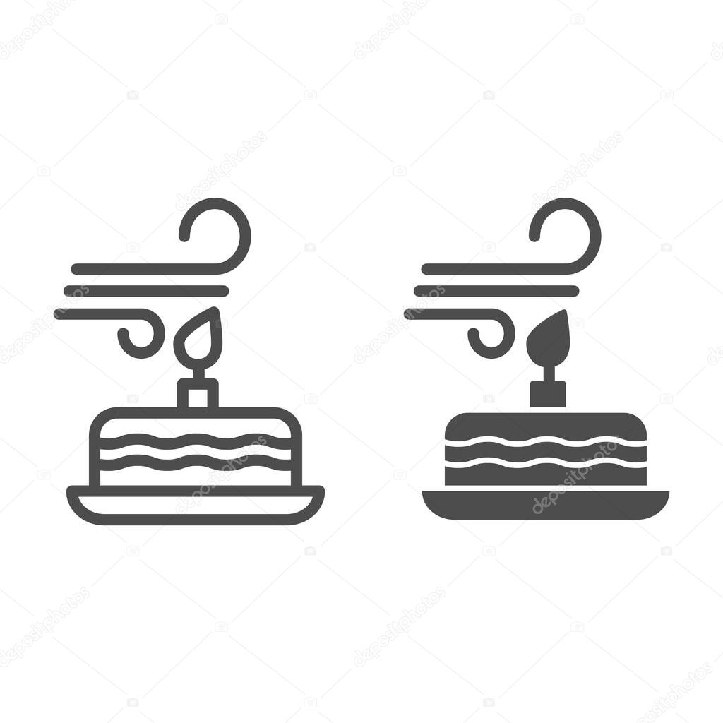 Blowing out the candles line and solid icon. Blow candle on party cake and make a wish. Happy Birthday vector design concept, outline style pictogram on white background, use for web and app. Eps 10