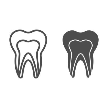 İnsan dişçi çizgisi ve katı bir ikon. Sağlıklı diş yapısı profil görünüm sembolü, beyaz arka planda ana hatlı resim. Mobil konsept ve web tasarımı için dişçilik imzası. Vektör grafikleri.