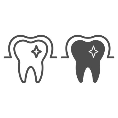 Sağlıklı diş mineleri ve katı bir ikon. Genç dişler, diş güvenliği sembolü, beyaz arka planda ana hatlı resim. Mobil konsept ve web tasarımı için dişçilik imzası. Vektör grafikleri.