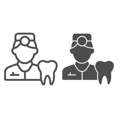 Dişçi çizgisi ve sağlam bir ikon. Diş resmi ve doktor sembolü, beyaz arka planda ana hatlı resim. Mobil konsept ve web tasarımı için dişçilik imzası. Vektör grafikleri.