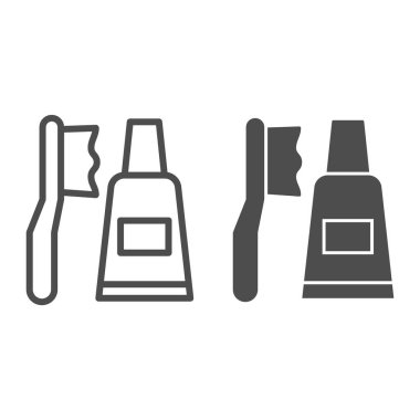 Diş fırçası, diş macunu ve sağlam bir ikon. Fırça ve yapıştırma tüpü, ağız temizliği sembolü, beyaz arka planda ana hatlı resim. Mobil konsept ya da web tasarımı için dişçilik imzası. Vektör grafikleri.
