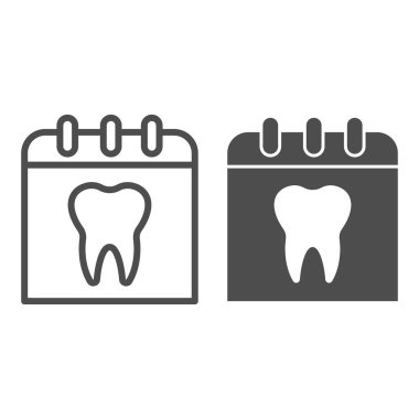Diş çizgisi ve simgesi olan takvim sayfası. Teşhis slaytı, randevu günü sembolü, beyaz arka planda ana hatlı resim. Mobil konsept ve web tasarımı için dişçilik imzası. Vektör grafikleri.