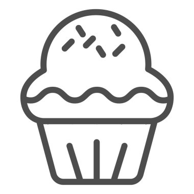 Kek çizgisi simgesi. Pastalı tatlı, lezzetli tatlı kek sembolü, beyaz arka planda ana hatlı resim. Mobil konsept ve web tasarımı için pastane tabelası. Vektör grafikleri.